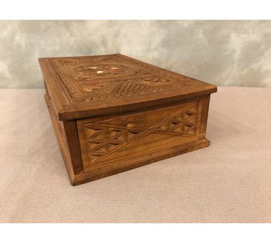 Carved wood box and vintage brass inlays 19 th