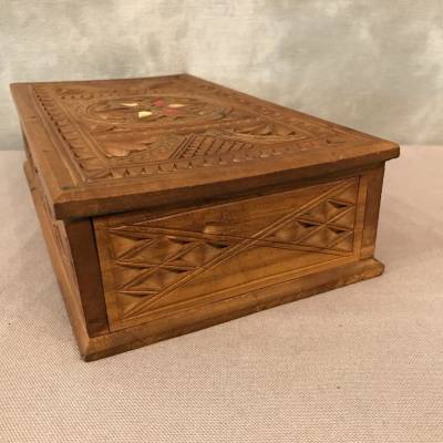 Carved wood box and vintage brass inlays 19 th