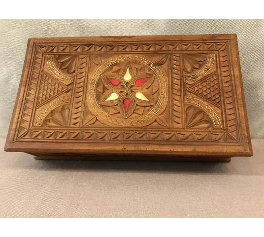 Carved wood box and vintage brass inlays 19 th