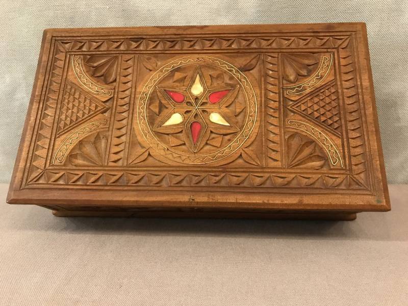 Carved wood box and vintage brass inlays 19 th