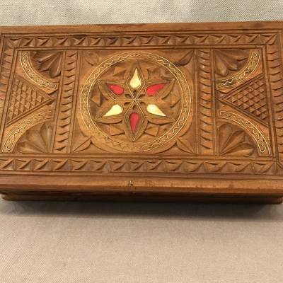 Carved wood box and vintage brass inlays 19 th