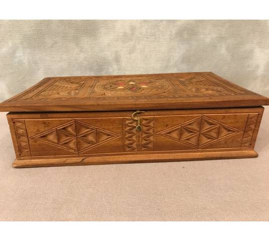 Carved wood box and vintage brass inlays 19 th