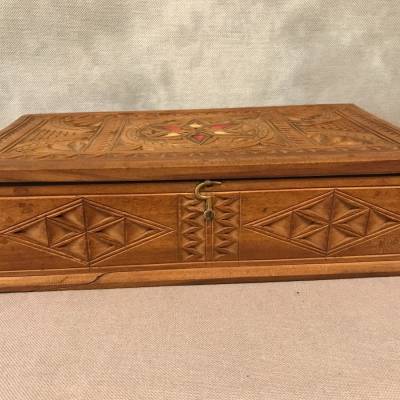 Carved wood box and vintage brass inlays 19 th