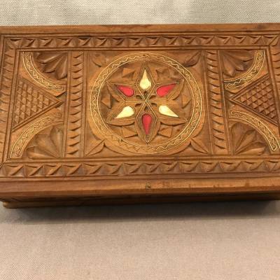 Carved wood box and vintage brass inlays 19 th