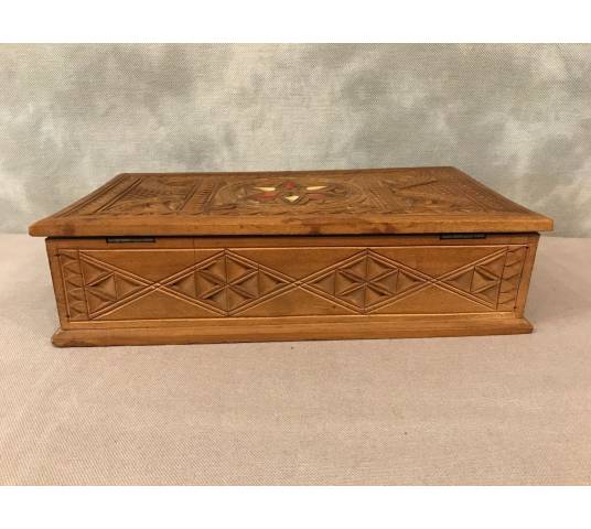 Carved wood box and vintage brass inlays 19 th