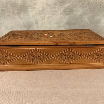 Carved wood box and vintage brass inlays 19 th