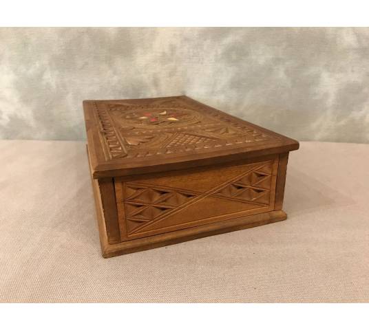 Carved wood box and vintage brass inlays 19 th