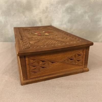 Carved wood box and vintage brass inlays 19 th