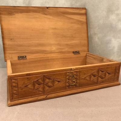 Carved wood box and vintage brass inlays 19 th