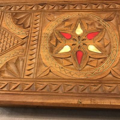 Carved wood box and vintage brass inlays 19 th