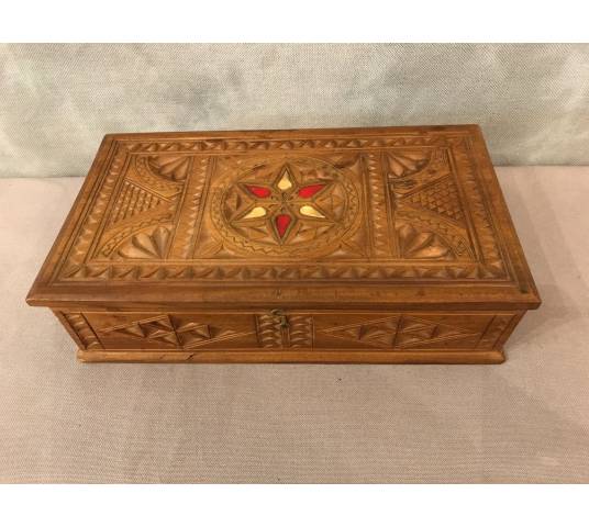 Carved wood box and vintage brass inlays 19 th