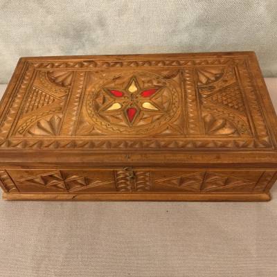 Carved wood box and vintage brass inlays 19 th