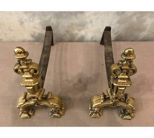 Paire de chenets anciens en bronze poli vers 1900