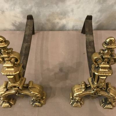 Paire de chenets anciens en bronze poli vers 1900