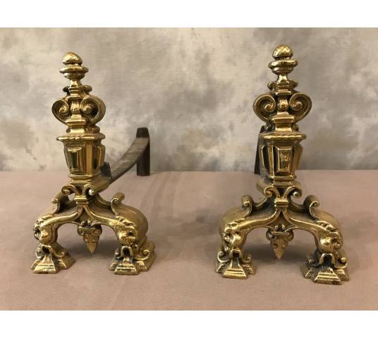 Paire de chenets anciens en bronze poli vers 1900