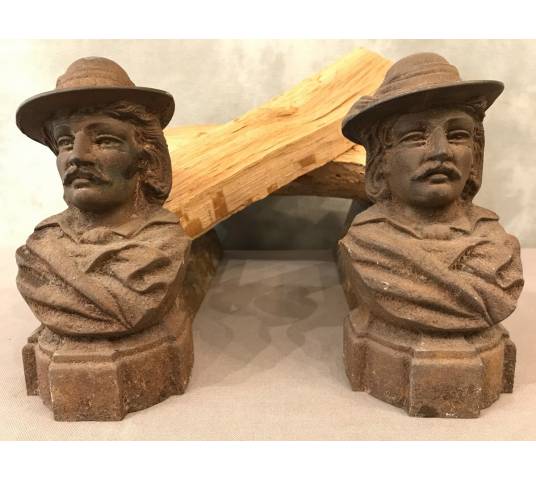 Pair of antique 19th century cast iron andirons