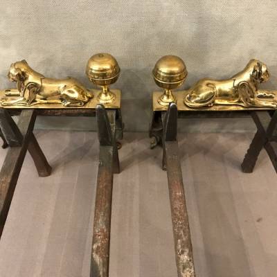 Paire de chenets anciens en bronze d'époque Empire  19 ème