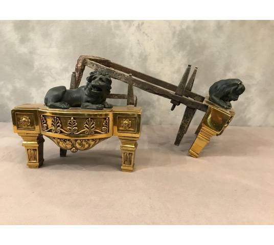 belle paire d chenets anciens d'époque Empire aux lions d'époque 19 ème en bronze