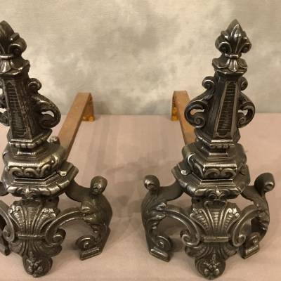 Pair of vintage old iron chenets 19 th