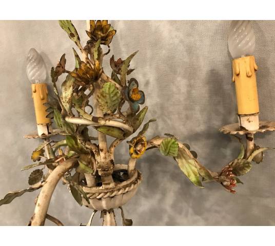 Small former iron chandelier painted with small flowers, circa 1900