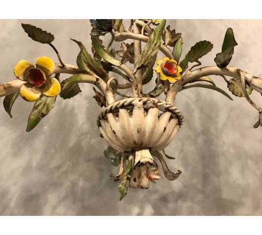 Small former iron chandelier painted with small flowers, circa 1900