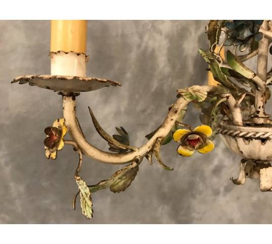 Small former iron chandelier painted with small flowers, circa 1900