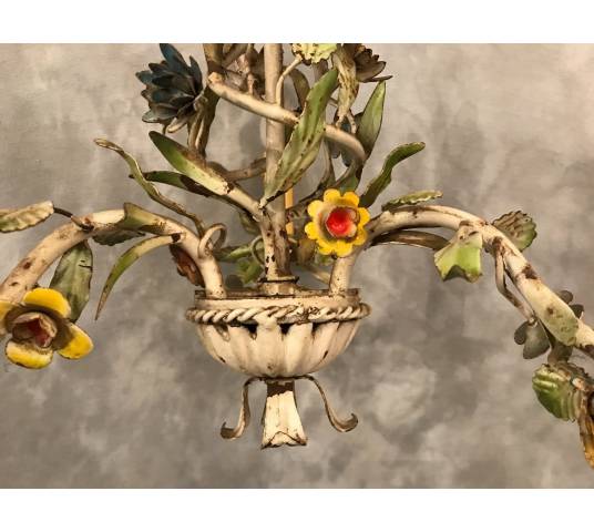 Small former iron chandelier painted with small flowers, circa 1900