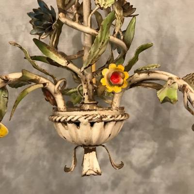 Small former iron chandelier painted with small flowers, circa 1900