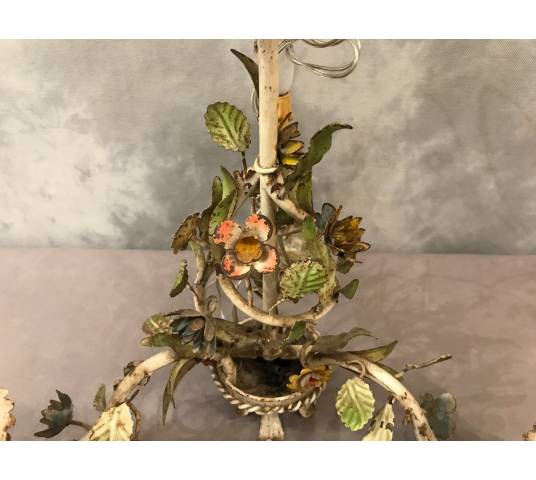 Small former iron chandelier painted with small flowers, circa 1900