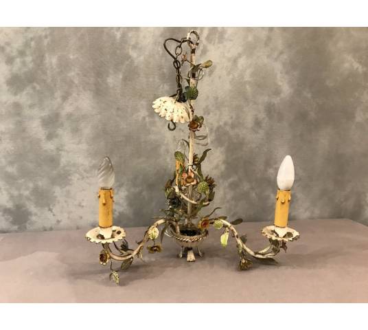 Small former iron chandelier painted with small flowers, circa 1900