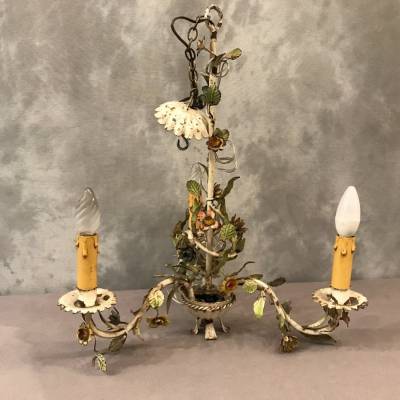 Petit lustre ancien en fer peint à décor de petites fleurs vers 1900
