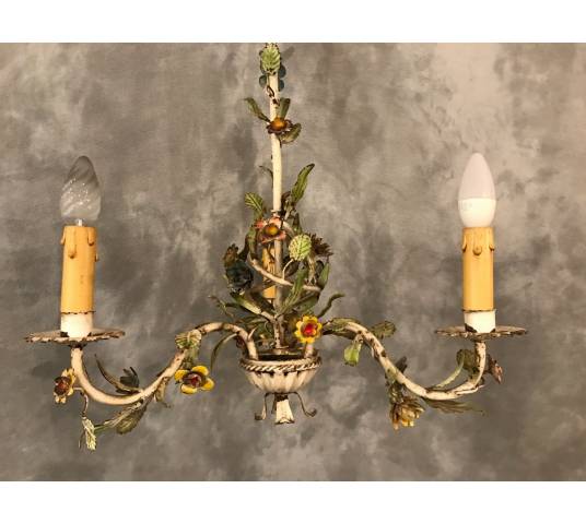 Small former iron chandelier painted with small flowers, circa 1900