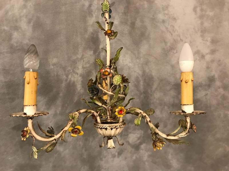 Small former iron chandelier painted with small flowers, circa 1900