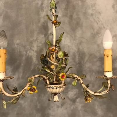 Small former iron chandelier painted with small flowers, circa 1900