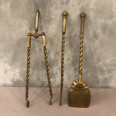 Set of 3 pieces of antique fireplace in vintage brass 19 of style English