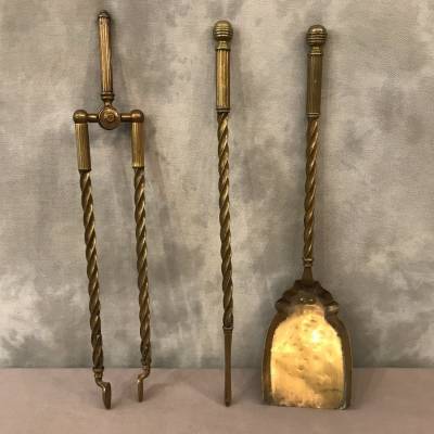 Set of 3 pieces of antique fireplace in vintage brass 19 of style English