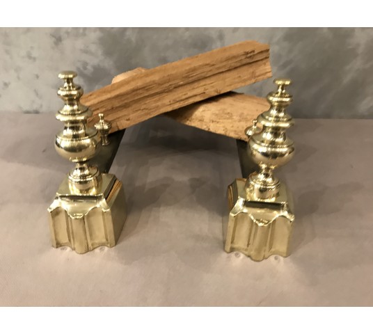 Pair of brass andirons. 19th Louis Philippe Restauration period.