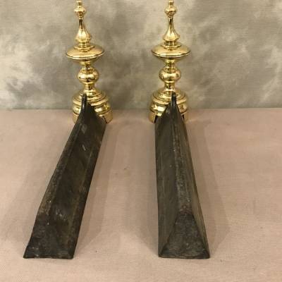 Ancient cast iron and brass Chenets 19 th Louis Philippe