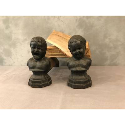 Pair of vintage old iron chenets 19 th