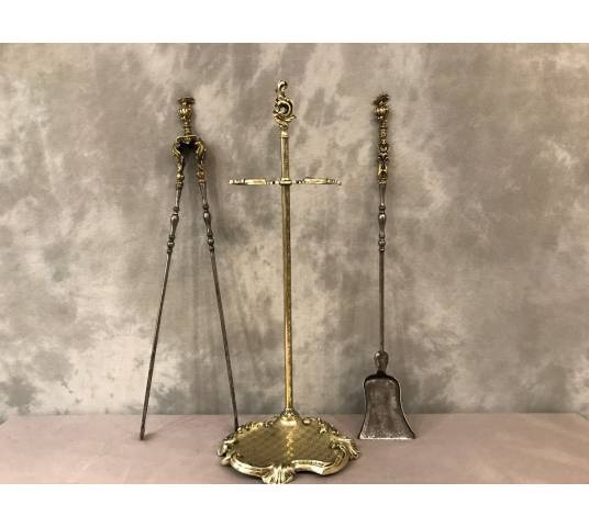 Serviteur de cheminée ancien en bronze et fer d'époque 19 ème