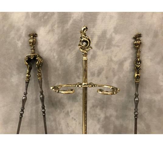 Serviteur de cheminée ancien en bronze et fer d'époque 19 ème