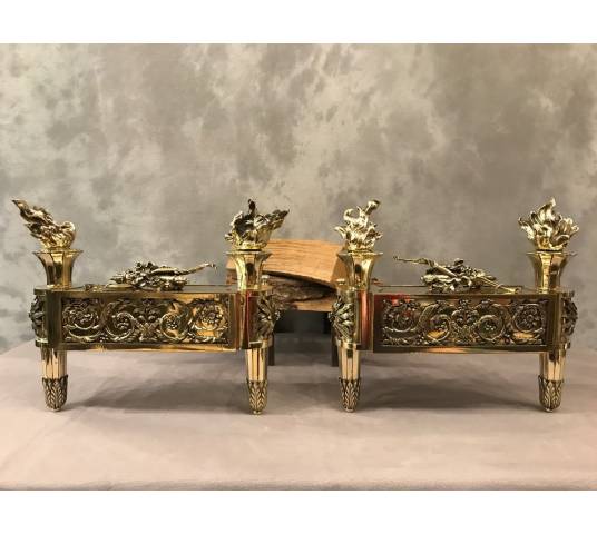 Ravissants chenets en bronze poli d'époque 18 ème louis XVI