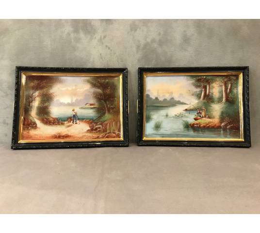 Pair of paintings in period porcelain 19th landscape decoration