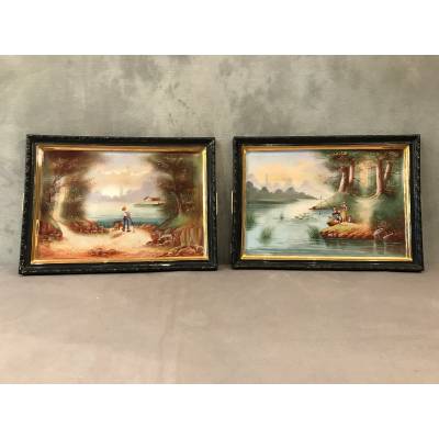 Pair of paintings in period porcelain 19th landscape decoration