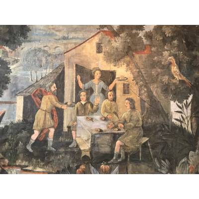 Tile painted in the spirit of Tenier of epoch 17 th