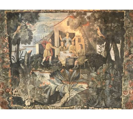 Tile painted in the spirit of Tenier of epoch 17 th