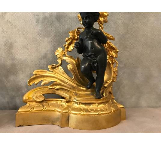 Belle paire de chenets en bronze doré et bronze patiné d'époque 19 ème Napoléon III