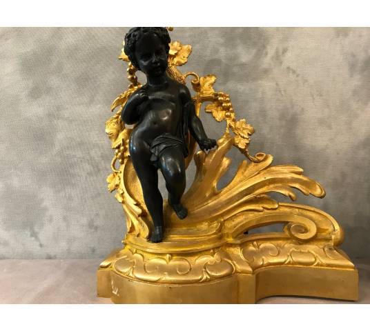 Belle paire de chenets en bronze doré et bronze patiné d'époque 19 ème Napoléon III