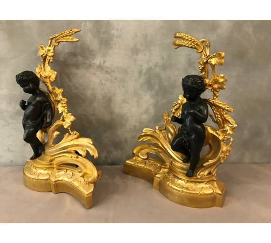 Belle paire de chenets en bronze doré et bronze patiné d'époque 19 ème Napoléon III