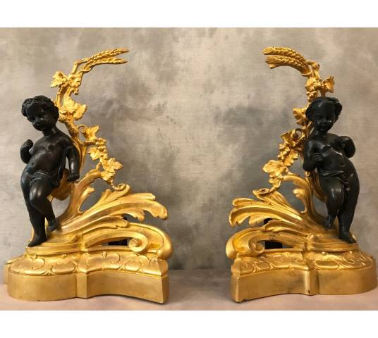 Belle paire de chenets en bronze doré et bronze patiné d'époque 19 ème Napoléon III